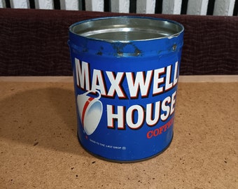 Vintage Maxwell House coffee can, 16 oz metal coffee tin with open top and solid bottom for retro kitchen decor or repurposing, JL Clark can