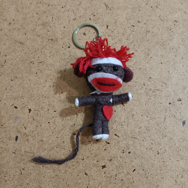 Mini sock monkey string doll keychain charm decoration, tiny classic toy miniature key chain or embellishment for good luck