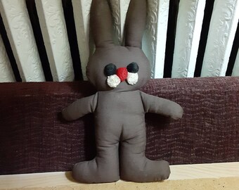 Vintage handsewn brown cotton plush rabbit, vintage stuffed handmade toy chocolate bunny primitive folk art