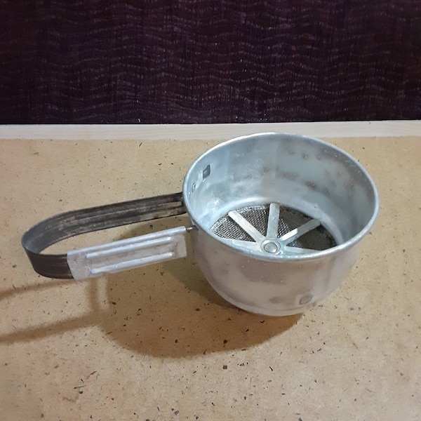 Vintage flour sifter, Foley one-cup metal hand sifter for retro cooking and baking kitchen decor