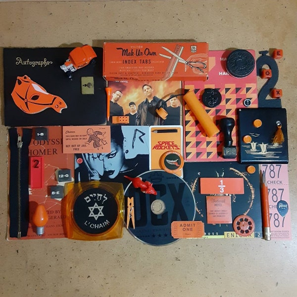 Mostly vintage black and orange items for crafting upcycling mixed media art display, random orange and black collage assemblage items
