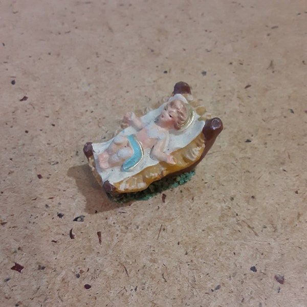 Vintage baby Jesus in the manger ceramic figurine, retro small Nativity figure for Christmas or year-round Christian decor collection