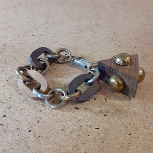 Vintage bracelet, 1970s chunky wood and metal bracelet, retro boho jewelry statement piece with brass detail
