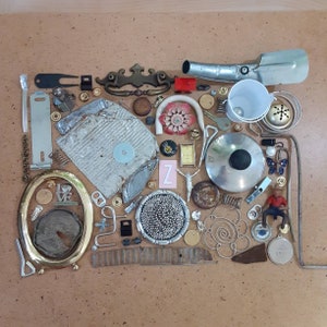 75+ metal items for altered art mixed media curio steampunk assemblage, magpie lot of found objects rusty stuff hardware scraps parts junk