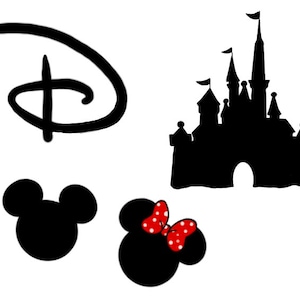 May include: Black and white silhouette images of Mickey Mouse and Minnie Mouse, the Disney castle, and the Disney logo.