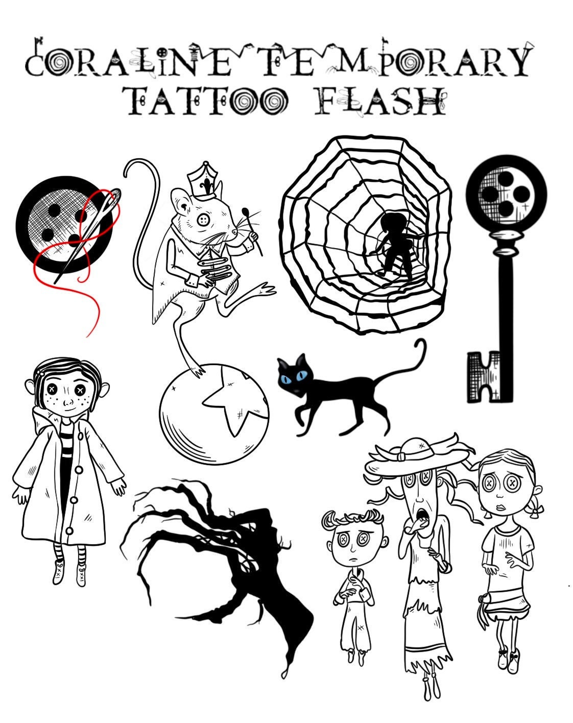 Coraline Temporary Tattoo Flash Sheet - Etsy Australia