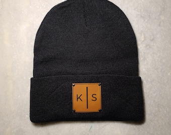 Initials | Personalized gift | Christmas Gift|Custom Adult Teen Beanie | Slouchy | Vegan Leather Patch | Men Women| Winter hat| Company Logo