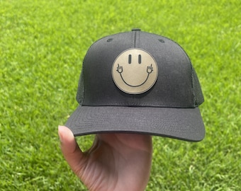 Smiley Face Hat With Middle Fingers Up|Adult/Teen | Custom Snapback Hat | Personalized Name Hat | Flat Bill | olors | Vegan Leather| Trucker