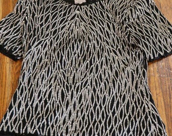 Top in paillettes Stenay con perline, 100% seta, anni '80