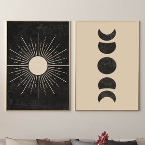 Sun Moon Phases Art Set di 2 stampe, DOWNLOAD IMMEDIATO, Arte astratta geometrica, Arte in bianco nero, Arte della parete Boho Sun Moon di metà secolo
