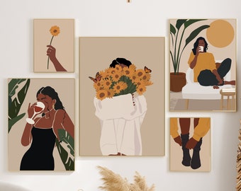 Black Woman Art Set of 5 Prints, African American Art,  Gallery Wall Set, Woman Art, Black Woman Prints, Boho Wall Set, Black Girl Art Print