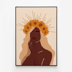 Abstract Afro Wall Art, Sunflower Art Print, Black Girl Magic Wall Art, African American Art, Black Woman Wall Art, Black Girl Print, Boho