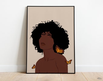 Butterfly black Woman Art, African American Art, Black Girl Art, Woman Art Decor, Modern Wall Art, Butterfly Print, Boho Wall Art