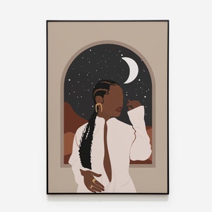 Black Woman Print, Midnight Artwork, INSTANT DOWNLOAD, African American Woman Art, Black Girl Illustration, Melanin Print, Boho Woman Art