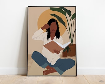 Black Woman Art Print, Minimal Art Print, Black Girl Wall Art, Black Girl Print, INSTANT DOWNLOAD, Boho Wall Art,Girl with Towel Wall Art