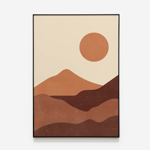 Sunset Landscape Print, Mid century Modern, Printable Geometric Sun Art, Abstract Wall Art, Boho Print, Yellow Orange Horizontal Sun