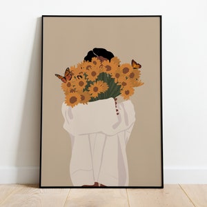 Sunflower Bouquet Black Woman Art print, Black Girl Wall Art, Sunflower Print, African American Art, Black Girl Print, Boho Art