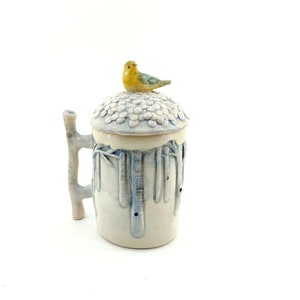 Ceramic Mug. Mug with lid. Mug with bird. Handmade mug. Winter mug. Handmade Ceramic. Decorative mug. Home Decor. Pottery. Pottery mug.