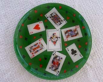 Vintage Glass Playing Cards Green Platter, Vintage Playing Cards Plate, Vintage Cards Platter, Green Poker Platter, Vintage Poker Decor.