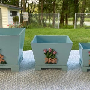 Vintage blue Floral wooden planters, Vintage Floral Planter, Retro Planters, Vintage Planters, Vintage Blue Planters, Retro Blue Planters.
