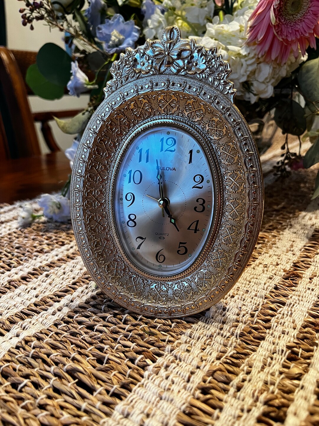 Vintage Ornate Gold Bulova Quartz Bedside Clock, Ornate Gold Bedside Clock, End Table Clocks