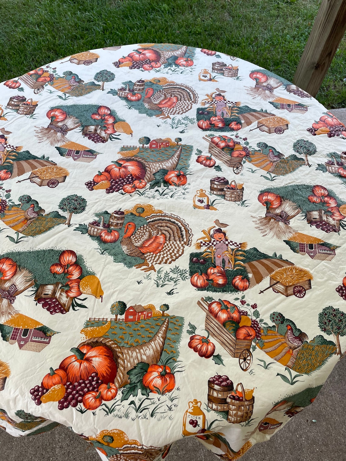 Vintage Tablecloth Autumn Fall Round Vinyl Flannel Back Etsy