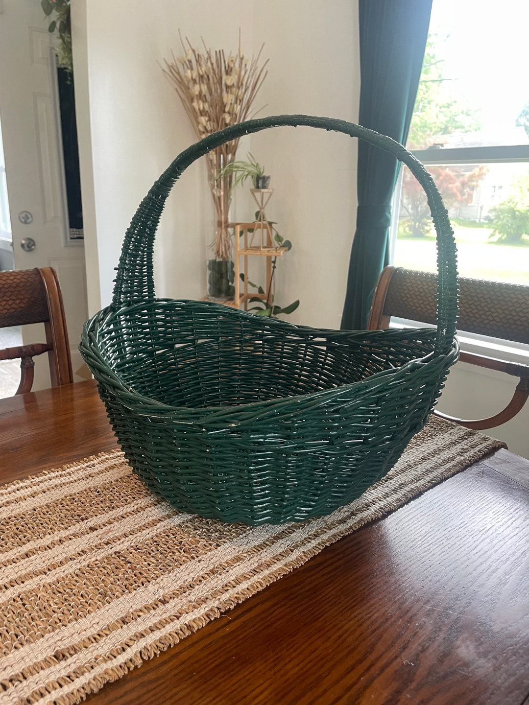 Vintage Green Wicker Gardening Basket, Vintage Wicker Baskets