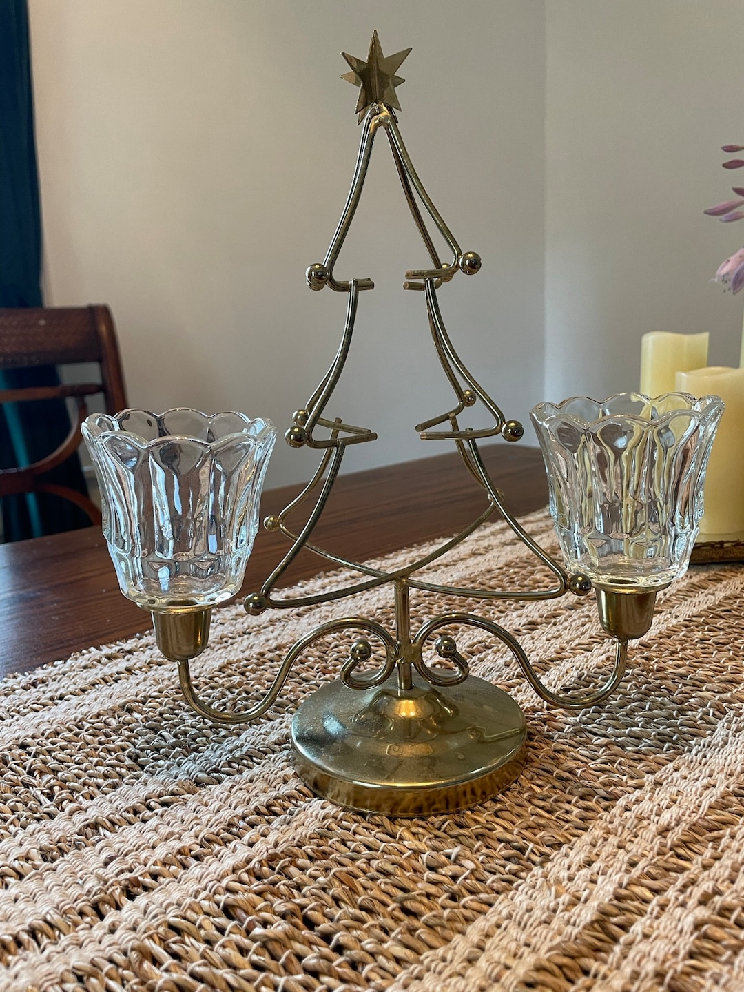Vintage Gold Christmas Tree Candle Holder, Gold Christmas Decor