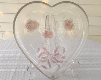 Vintage Valentines Day Glass Pink And Clear Heart Glass Platter,  Valentines Day Decor, Vintage Valentines Decor, Heart Serving Platters.
