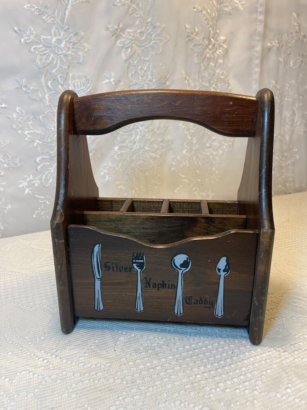 Vintage Wood Silverware Caddy, Silverware Holder, Thanking Decor