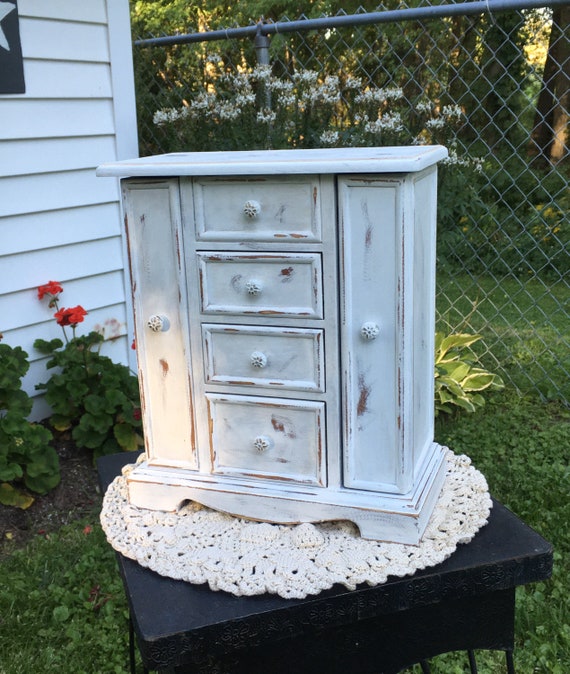 Vintage shabby chic white jewelry box, white woode