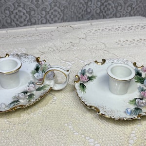 Vintage Lefton China Floral Candlestick Holders, China Candlestick Holder, China Candle Holders, China Lanterns, Glass Candle Holders.