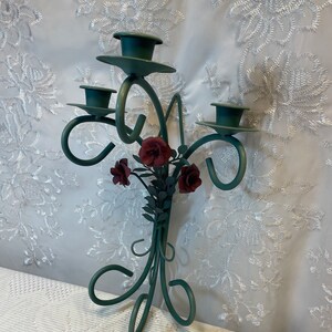 Vintage Green Metal Rose CandleSconce, Candlestick Holder, Vintage Candlestick Holder, Green Candlestick Sconces, Vintage Rose Sconces.