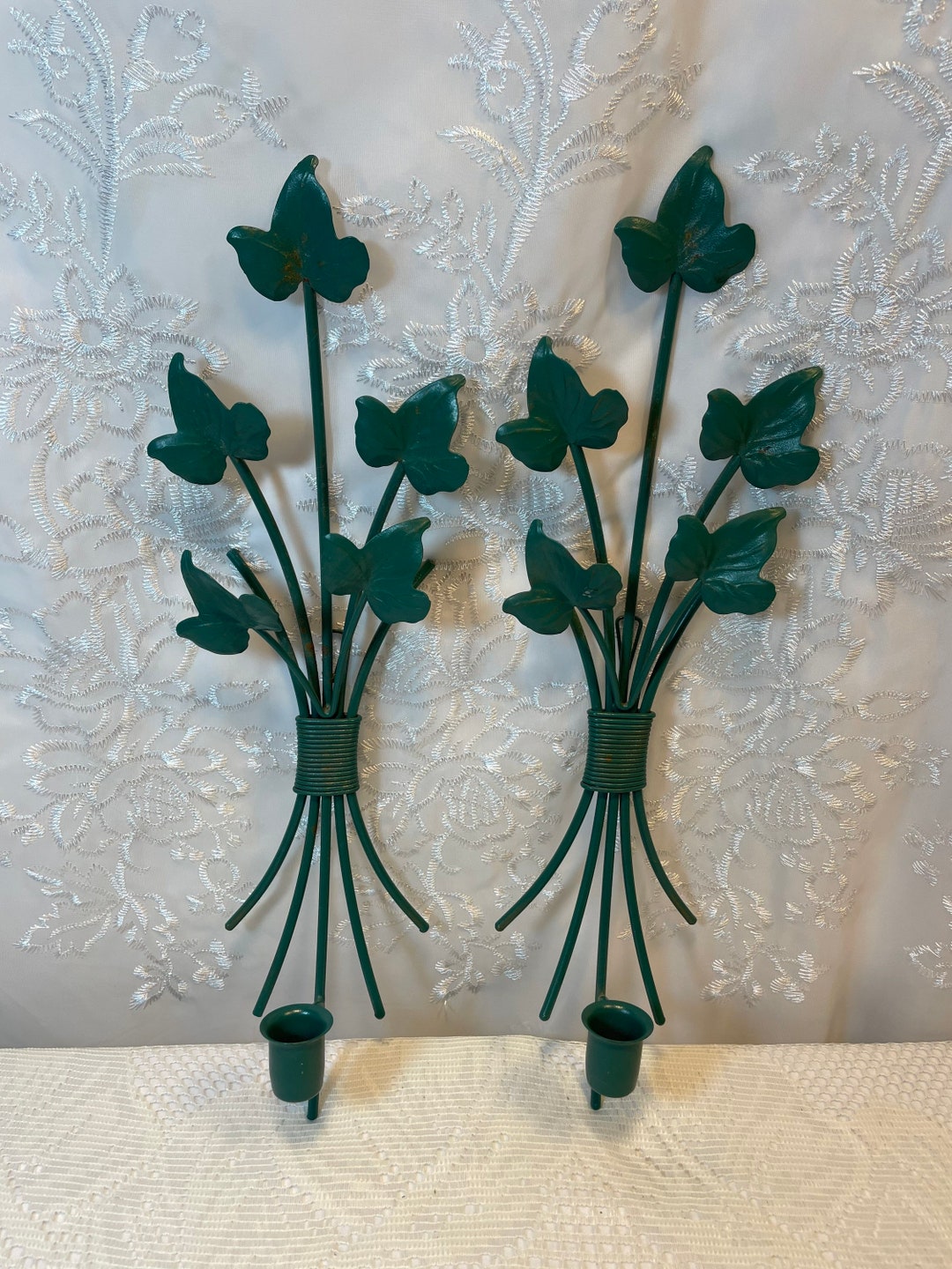 Vintage Green Metal Candlestick Sconces, Candlestick Holder, Vintage