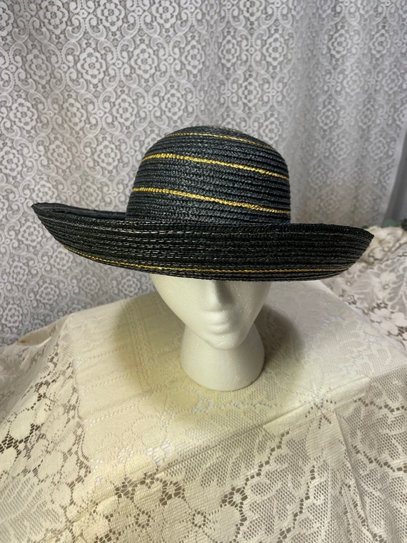 Vintage Straw Black And Gold Sun Hat, Vintage Str… - image 1