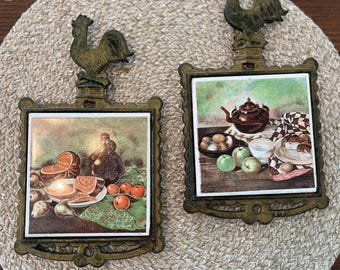 Vintage Rooster Brass Trivet Pot Holder, Vintage Farmhouse Kitchen, Vintage Rooster Kitchen Decor,  Rooster Pot Holder, Rooster Trivets.