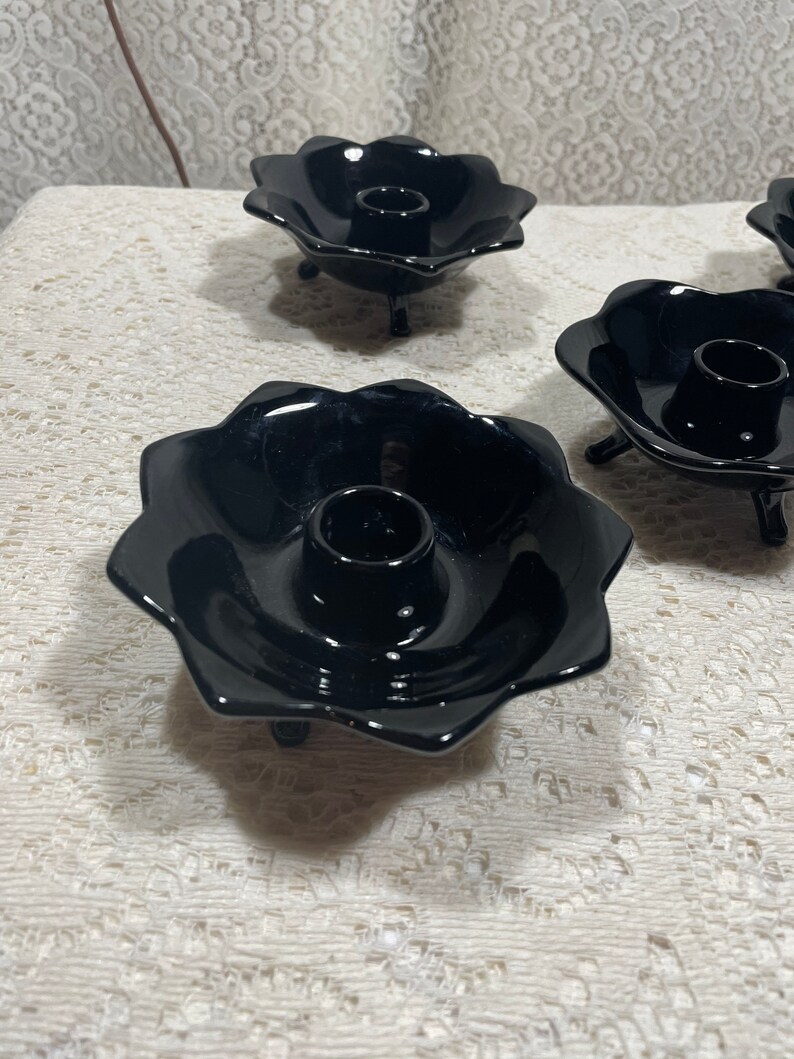 Vintage Art Deco Black Glass Pedestal Candlestick Holders Etsy