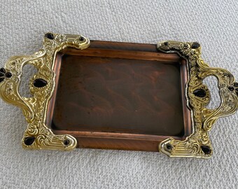 Vintage Ardive Copper Tray Gold Ornate Plastic Handles Black Jewels, Vintage Ornate Gold Trays, Vintage Jewelry Tray, Vintage Copper Tray.