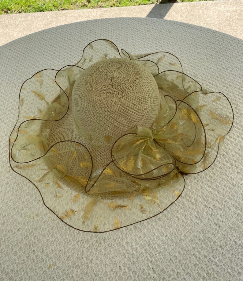 Vintage Sun Hat Gold Feathers, Vintage Sun hats, Vintage Kentucky Derby Hats, Straw Sun Hats, Sun Hats. image 1