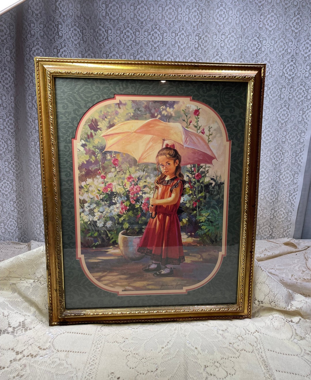 Vintage Ornate Gold Homco Framed Home Interiors Girl Holding an