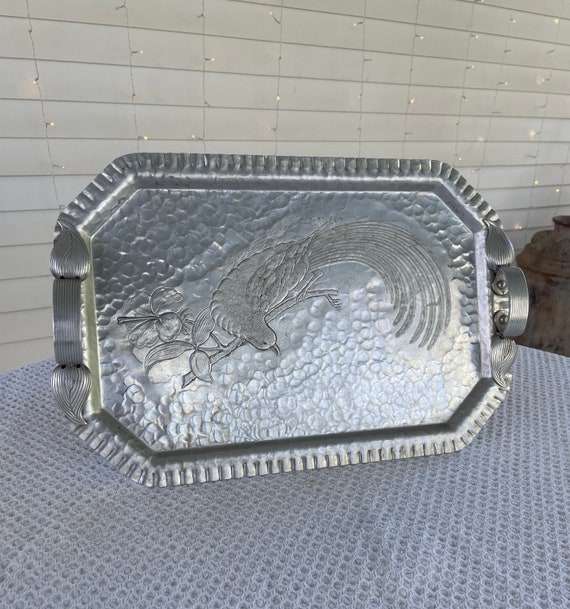 Vintage Silver Bird Serving Tray Hand Wrought Continental Mark
