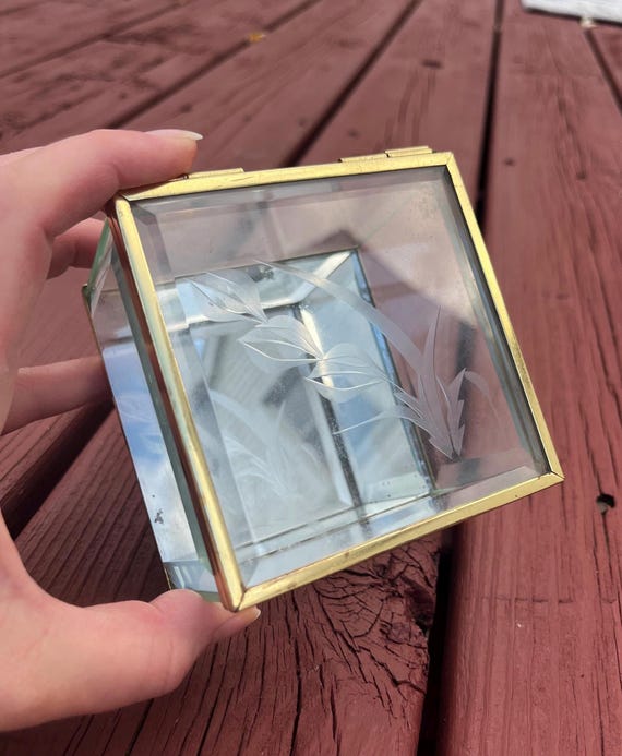Vintage Etched Glass With Mirror Jewelry Box, Vintage Glass Jewelry Box, Vanity Accessories, Gold Jewelry Box, Glass Jewelry, Mirror jewelry