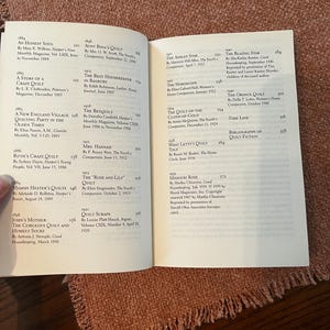 以下が含まれることがあります： 「An Honest Soul」や「A Story of a Crazy Quilt」など、タイトルと著者のリストが掲載された開いた本。ページはオフホワイトで、黒い文字が書かれています。本は、質感のある赤茶色の表面に置かれています。
