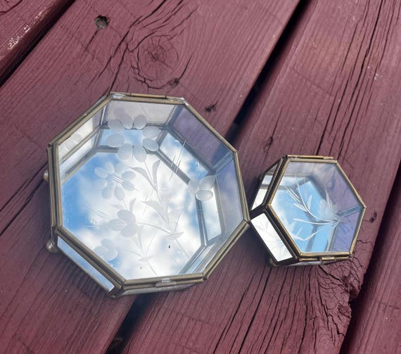 Vintage Etched Glass With Mirror Jewelry Box, Vintage Glass Jewelry Box, Vanity Accessories, Gold Jewelry Box, Glass Jewelry, Mirror jewelry