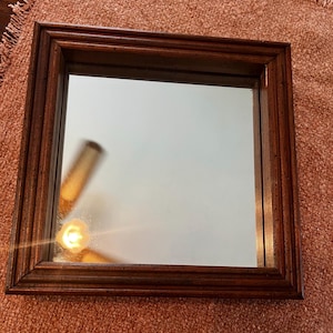 May include: Square wooden framed mirror with a dark brown finish. The mirror's frame has a detailed, layered design. The mirror reflects a light source and a portion of the room. The mirror is sitting on a peach-colored rug.
