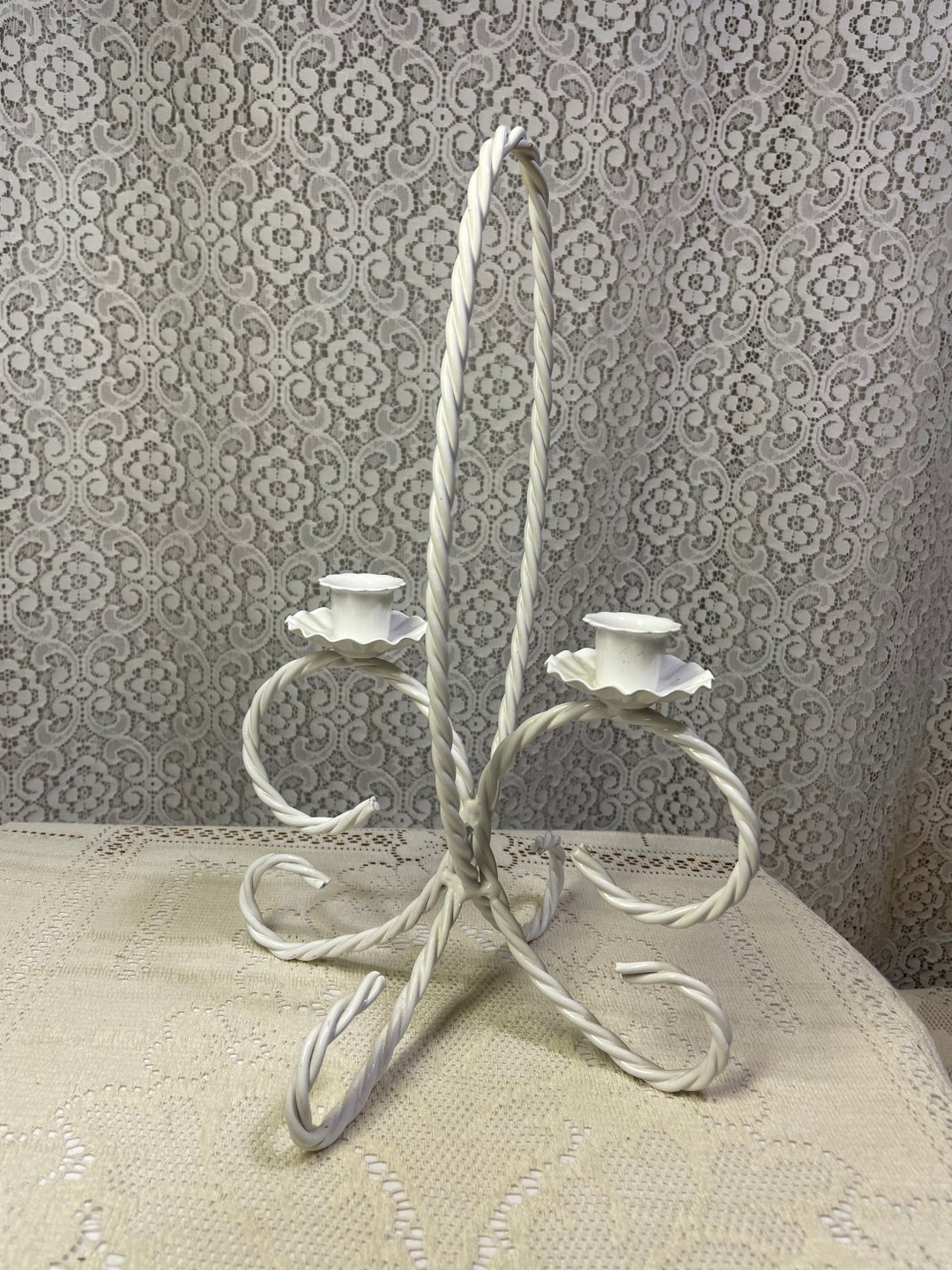 Vintage Twisted Metal Rope White Candlestick Holder, Candlestick Holder, White Candlestick