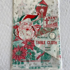 Vintage Christmas Tablecloth Rectangle, Christmas Tablecloth, Plastic Christmas Tablecloth, Table Linen, Vintage Poinsettia Tablecloth,