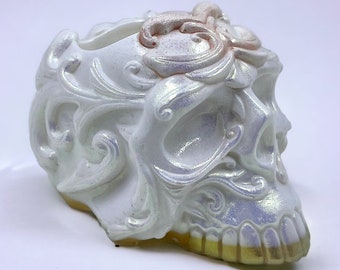 Handcrafted White Skull Makeup Brush Holder - Gothic Vanity Organizer with Gold Accents
