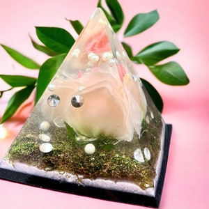 Handcrafted Resin Pyramid Lamp with Silk Rose and Rhinestone Accents - Illuminated Home Decor