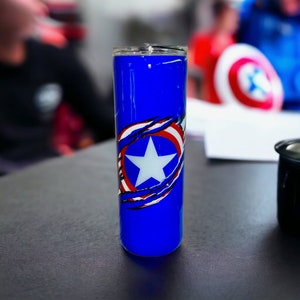 Super Hero 20oz Tumbler | Handmade | Captain America | comic book hero tumbler | epoxy tumbler | Blue tumbler | Shield Tumbler